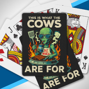 Funny Alien BBQ Grill Cow Abduction Joke Retro UFO Poker Cards
