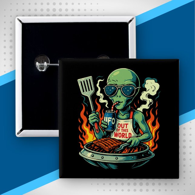 Funny Alien BBQ Illustration Retro Sci Fi Grilling Button (Creator Uploaded)