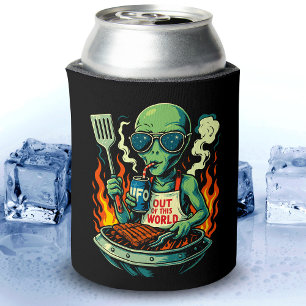 Funny Alien BBQ Illustration Retro Sci Fi Grilling Can Cooler