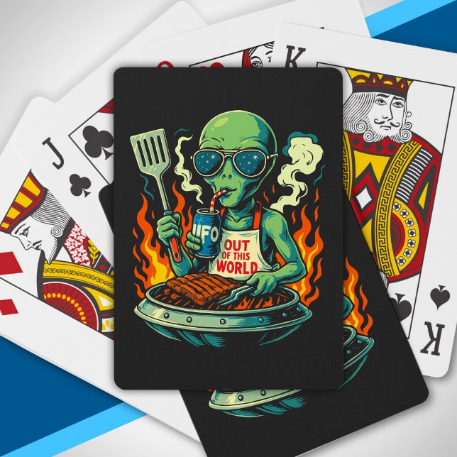 Funny Alien BBQ Illustration Retro Sci Fi Grilling Poker Cards (Creator Uploaded)