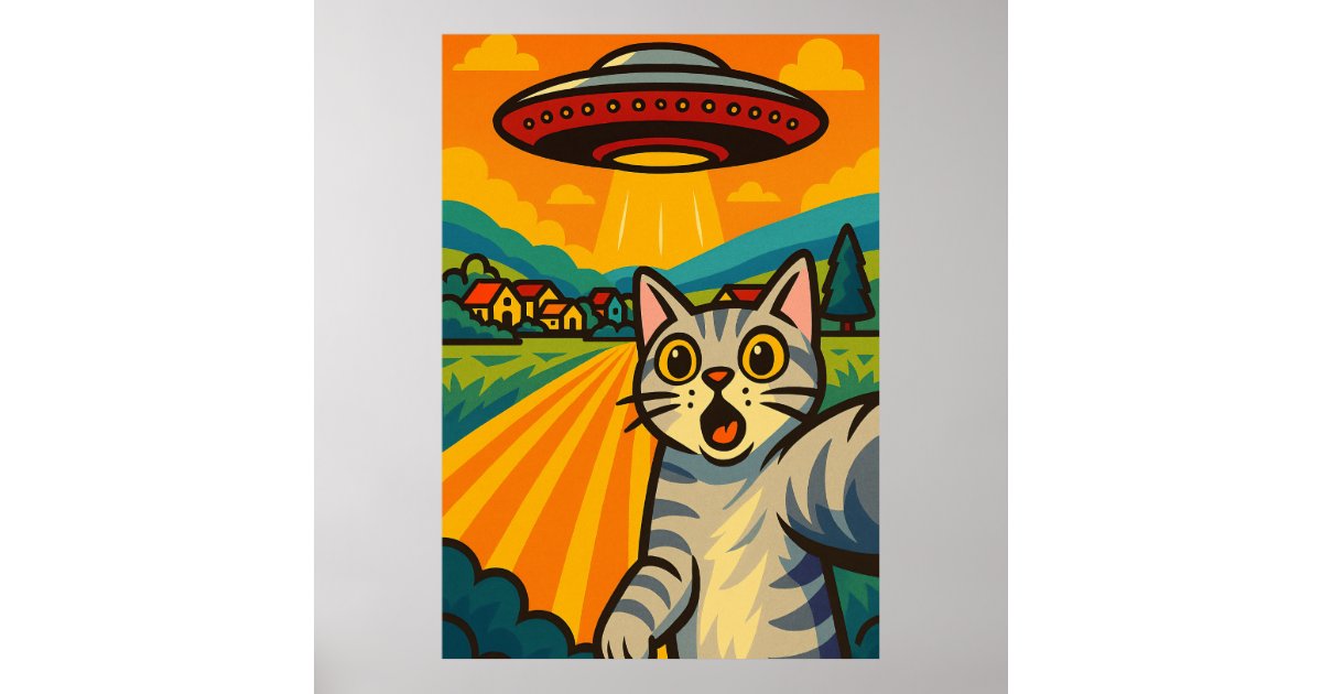 Funny Alien Cat UFO Abduction Cat Retro Pop Art Poster | Zazzle