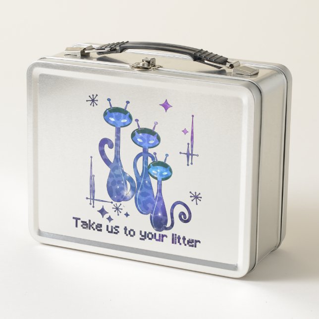 Funny Alien Cats – "Take Us To Your Litter" Metal Lunch Box (Front)