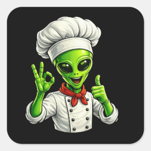 Funny Alien Chef Design Cute Space Cook With Chef Square Sticker