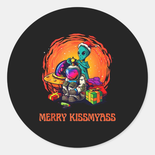 Funny Alien Christmas Shirt _ Merry Kissmy Tank To Classic Round Sticker (Front)