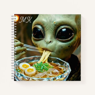Funny Alien eating Ramen Noodles Monogrammed Notebook