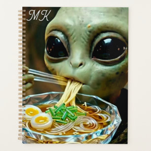 Funny Alien eating Ramen Noodles Monogrammed Planner