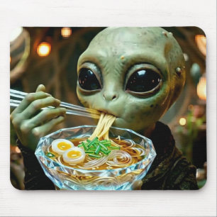 Funny Alien eating Ramen Noodles Mouse Pad