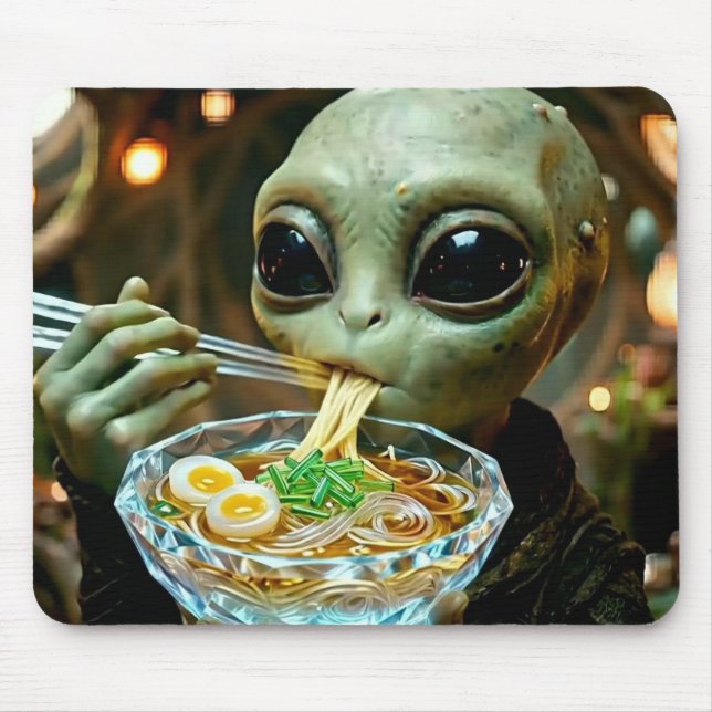 Funny Alien eating Ramen Noodles Mouse Pad (Front)