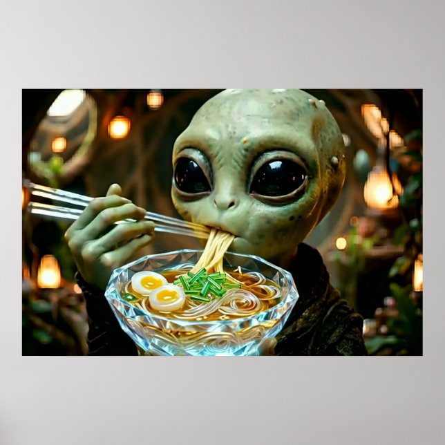 Funny Alien eating Ramen Noodles Poster (Front)