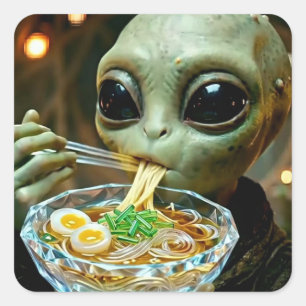 Funny Alien eating Ramen Noodles Square Sticker