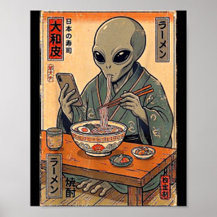 Funny alien eating ramen retro japanese men women poster