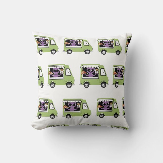 Funny Alien Food Truck French Fries and Pizza Throw Pillow (Front)