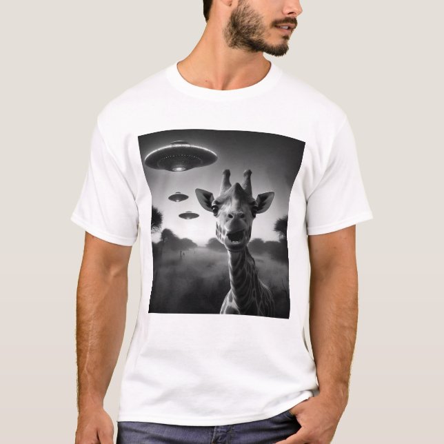 Funny Alien Giraffe UFO Racoon Selfie with UFOs T-Shirt (Front)