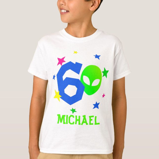 Funny Alien Head Custom Name and Number Neon Stars T-Shirt (Front)