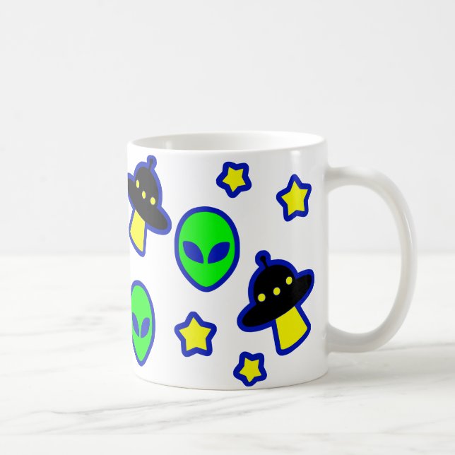 Funny Alien Head UFO Stars Pattern Cartoon Comic Coffee Mug (Right)