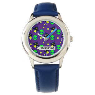 Funny Alien Head UFO Stars Pattern Comic Name Text Watch