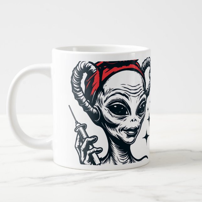 Funny alien hypodermic needle dose of reality giant coffee mug (Left)