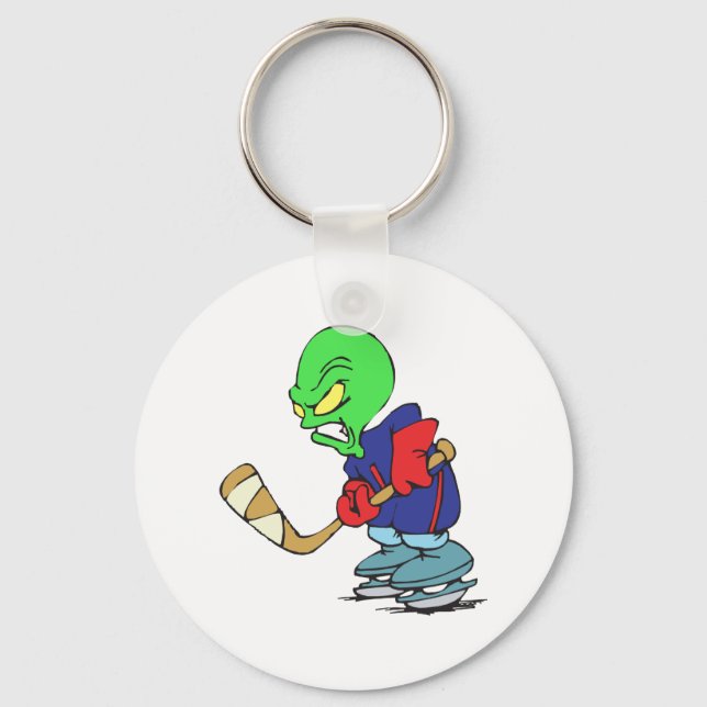 funny alien ice hockey player keychain (Front)