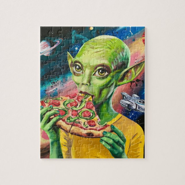 Funny Alien in Space Eating Pizza Jigsaw Puzzle (Vertical)