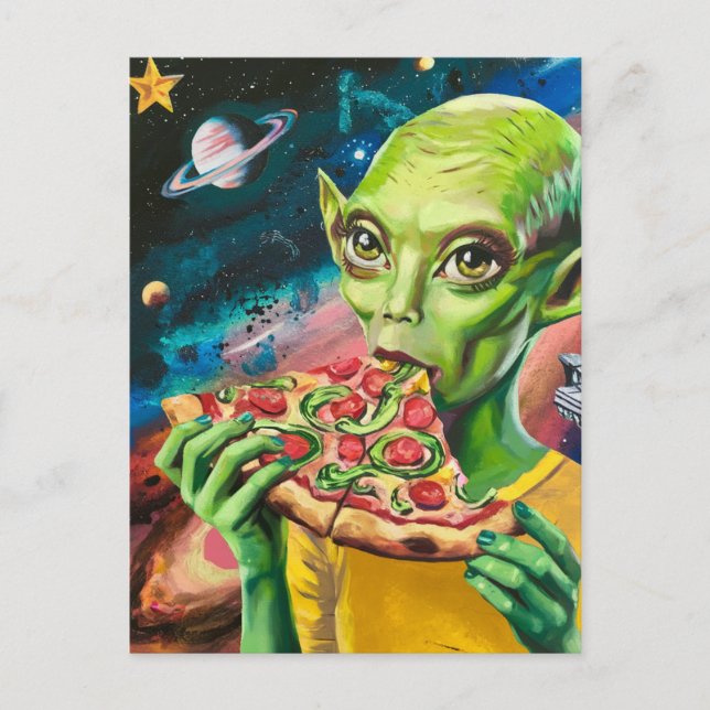 Funny Alien in Space Eating Pizza Postcard (Front)