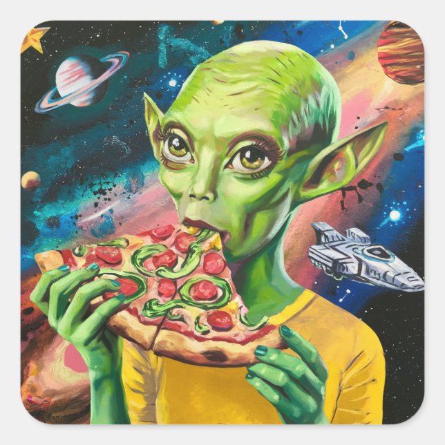 Funny Alien in Space Eating Pizza Square Sticker (Front)