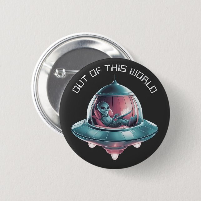 Funny Alien in UFO Button (Front & Back)