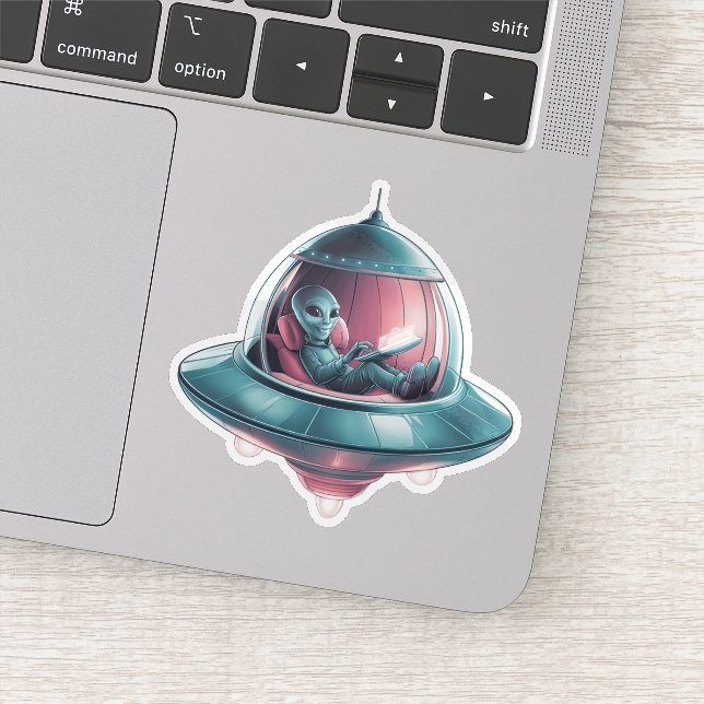 Funny Alien in UFO Sticker (Detail)