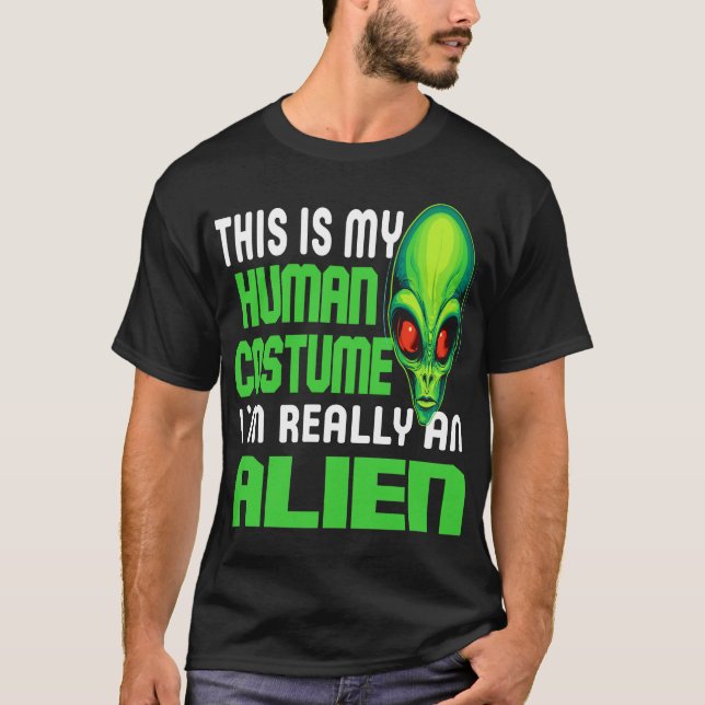 Funny Alien Lover Human Costume UFO Halloween Joke T-Shirt (Front)
