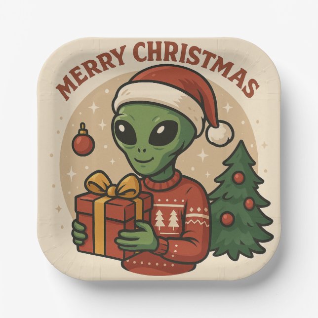 Funny Alien Merry Christmas Paper Plates (Front)