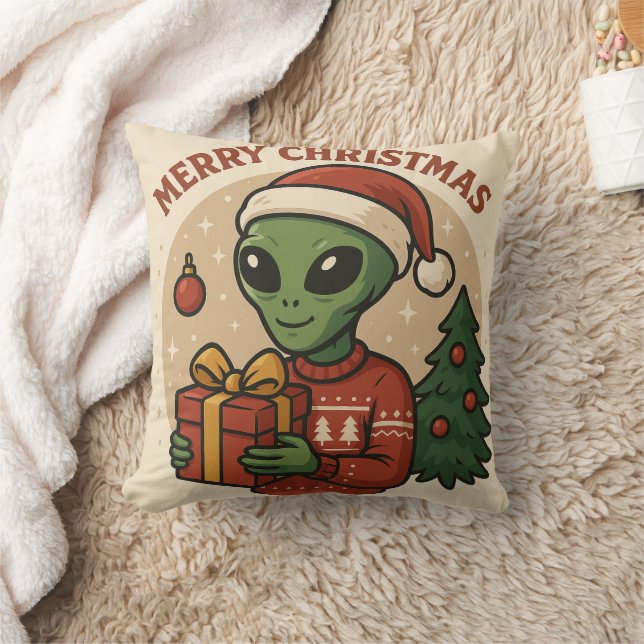 Funny Alien Merry Christmas Throw Pillow (Blanket)