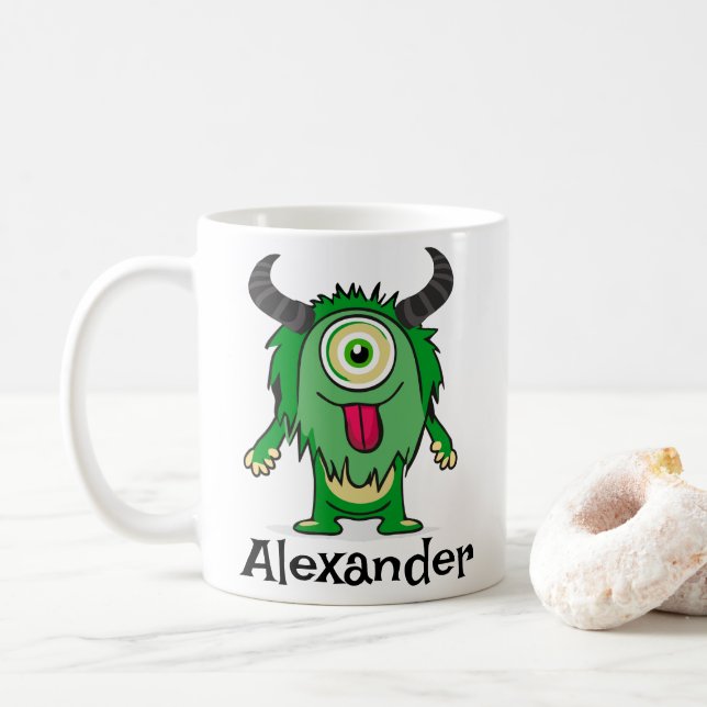 Funny Alien One Eye Green Monster Cartoon Coffee Mug (With Donut)