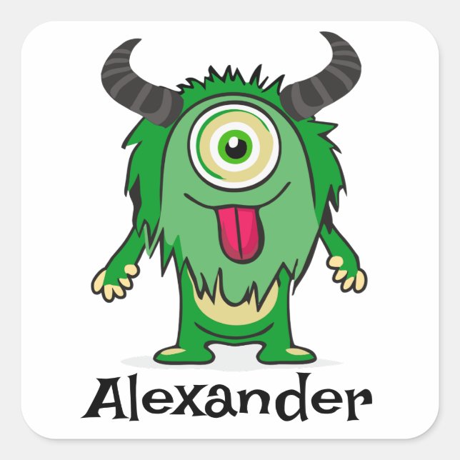 Funny Alien One Eye Green Monster Cartoon Square Sticker (Front)