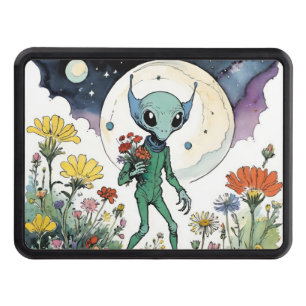 Funny Alien Picking Flowers With Full Moon Hitch Cover