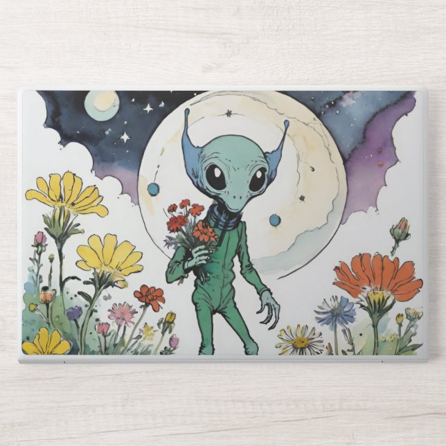 Funny Alien Picking Flowers With Full Moon HP Laptop Skin (Front)