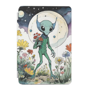 Funny Alien Picking Flowers With Full Moon iPad Mini Cover