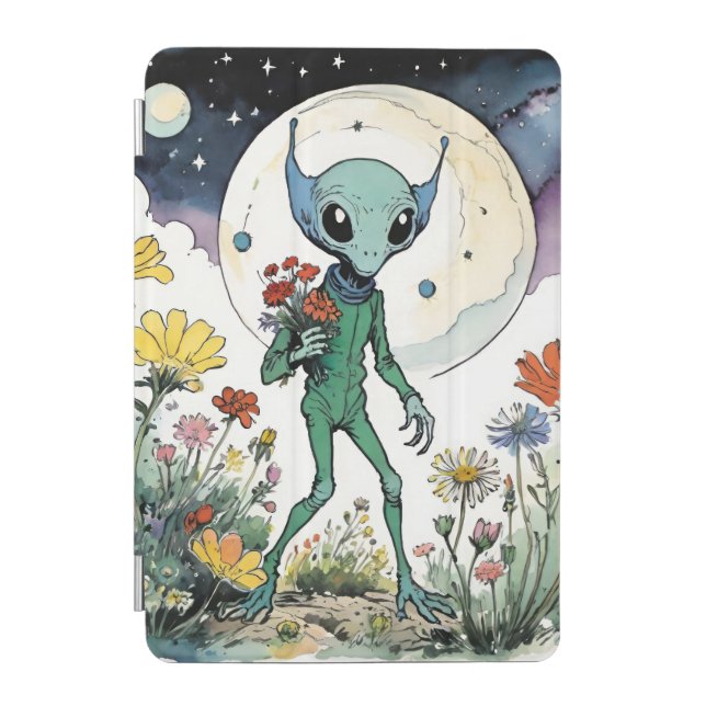Funny Alien Picking Flowers With Full Moon iPad Mini Cover (Front)