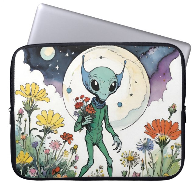 Funny Alien Picking Flowers With Full Moon Laptop Sleeve (Front)