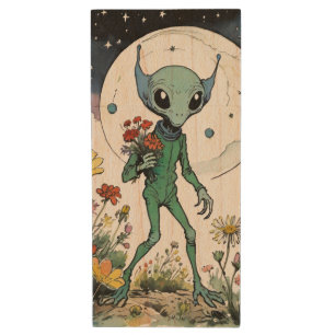 Funny Alien Picking Flowers With Full Moon Wood Flash Drive
