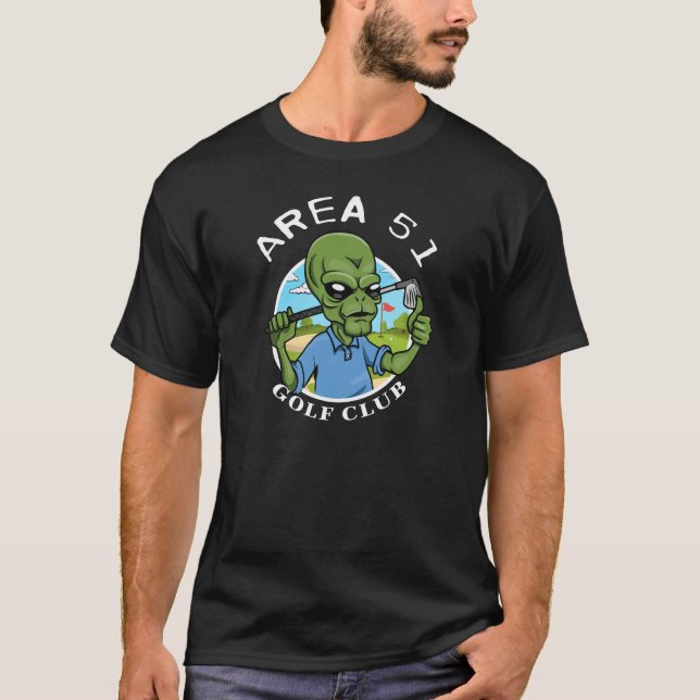 Funny Alien Playing Golf in Area 51 Parody Novelty T-Shirt (Front)