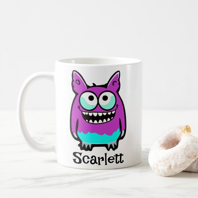 Funny Alien Purple Green Monster Cartoon Coffee Mug (With Donut)