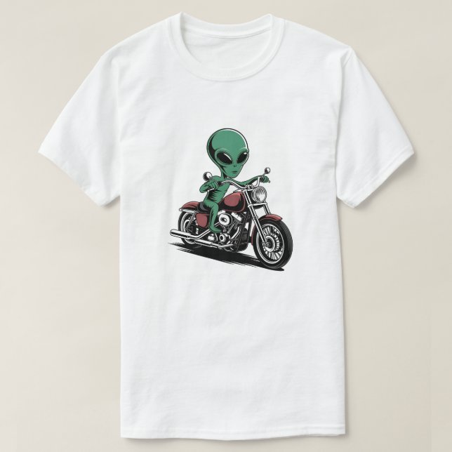 Funny Alien Riding Motorcycle T-Shirt (Design Front)
