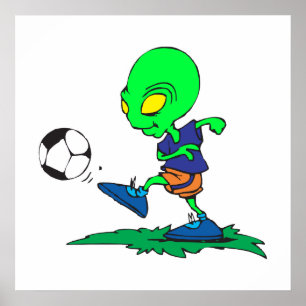 funny alien soccer player kicking ball poster