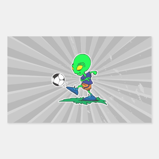 funny alien soccer player kicking ball rectangular sticker (Front)