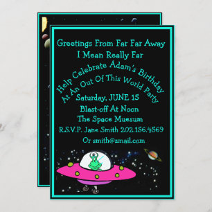 Funny Alien & Space Ship Birthday Invitation