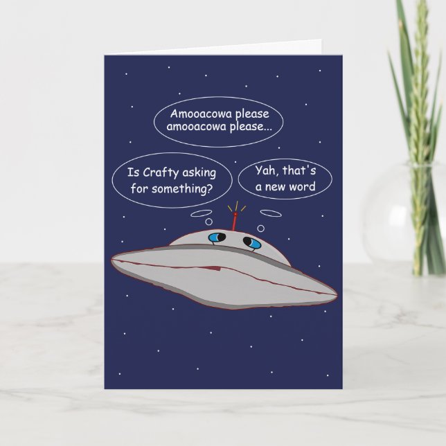 Funny Alien Spaceship Comic Crafty Word in Space Card (Front)