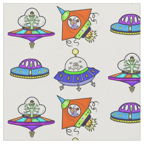 Funny Alien Spaceships and Flying Saucers Fabric