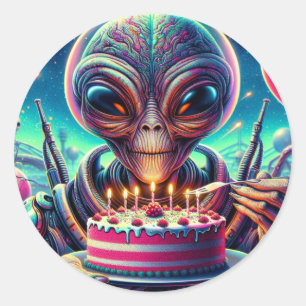 Funny Alien Themed Birthday Party Classic Round Sticker