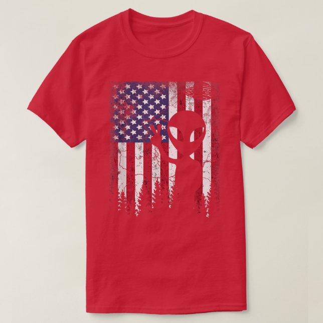 Funny Alien UFO American Flag 4th of July men wome T-Shirt (Design Front)