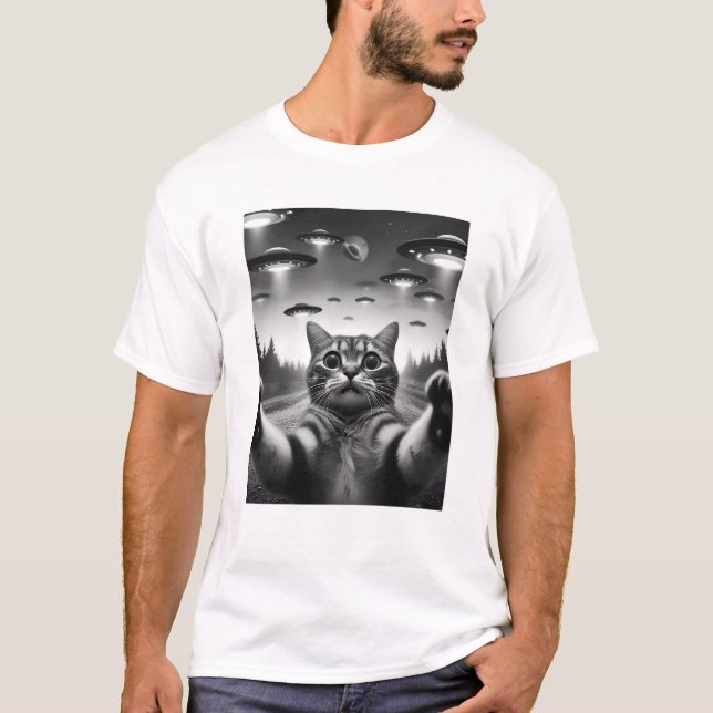 Funny Alien UFO Cat Kitten Selfie with UFOs T-Shirt (Front)