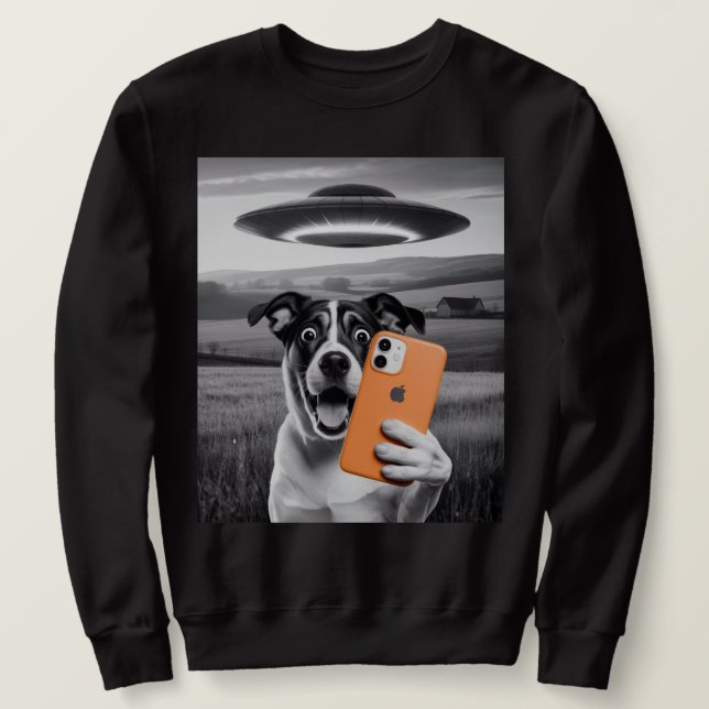 Funny Alien UFO Dog Selfie - Cool Cat & Space UFO  Sweatshirt (Design Front)